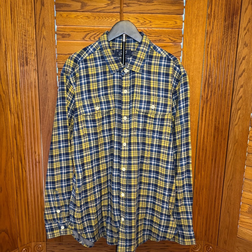 Grayers Clothiers Mens XXL Yellow Navy Blue Plaid Flannel Button Down Shirt
